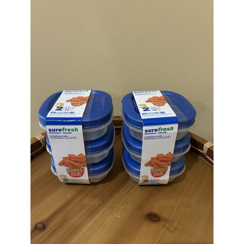 2 SETS (3PER SET) Surefresh Storage Containers Plastic 9.5 Oz, 1.2 CUPS